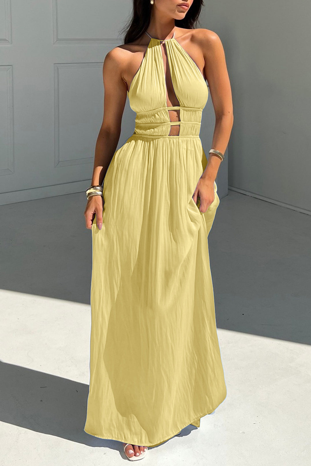 Halter Neck Cut Out Satin Maxi Dress