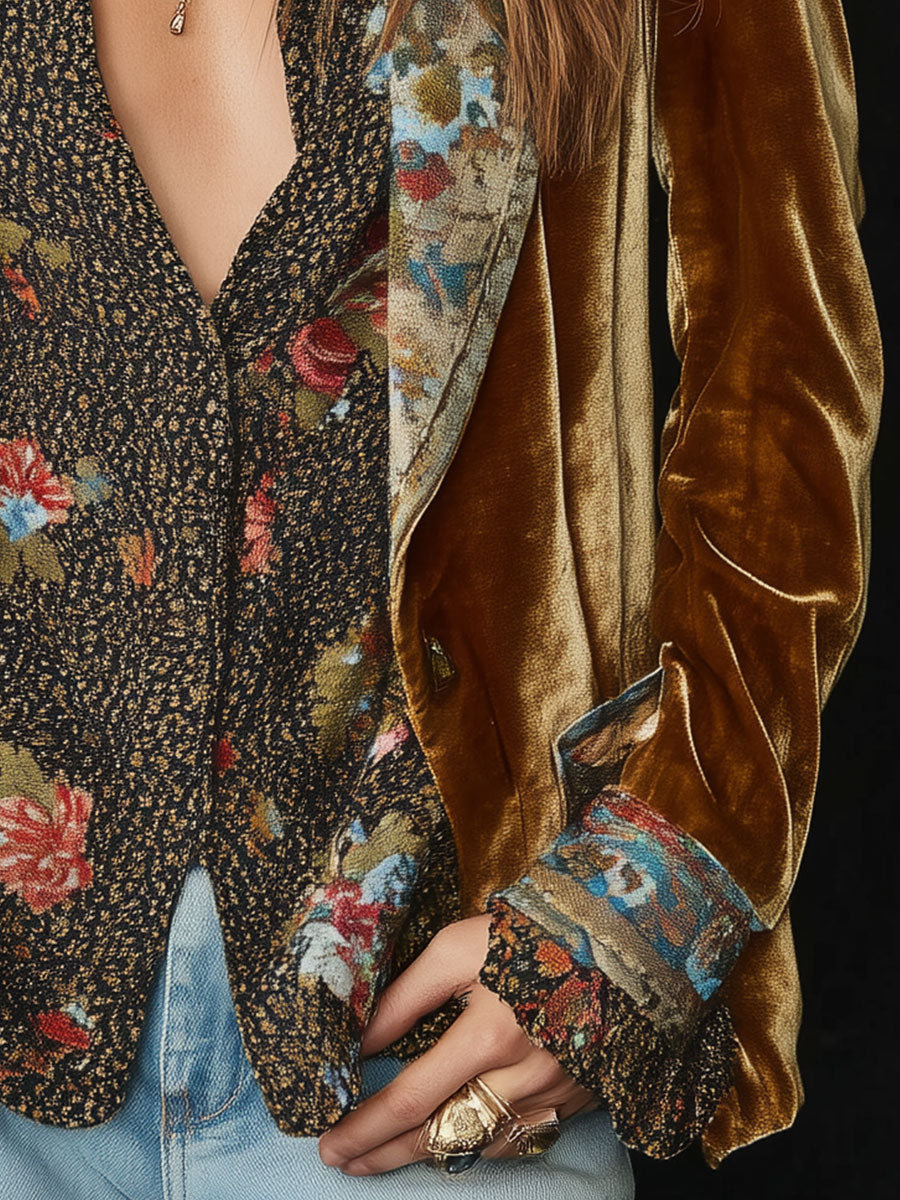 Floral Brocade Lapel Velvet Blazer