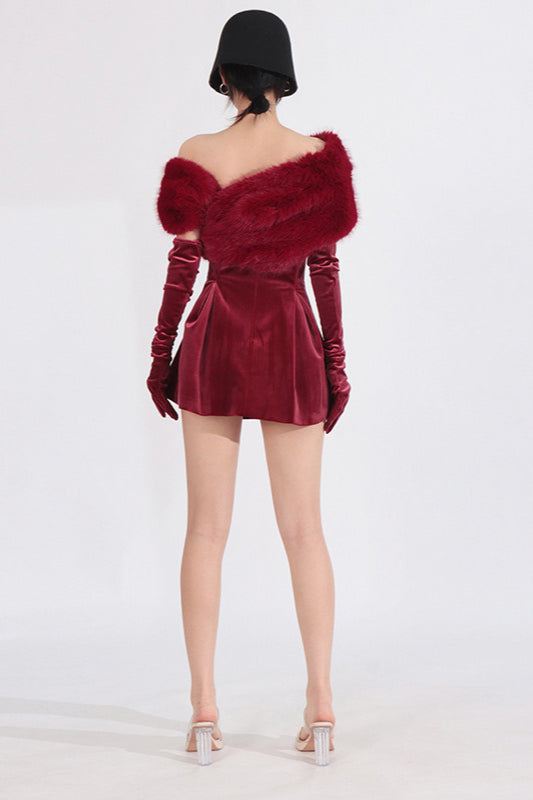 Velvet Off Shoulder Faux Fur Collar Rhinestone Pleated Mini Dress
