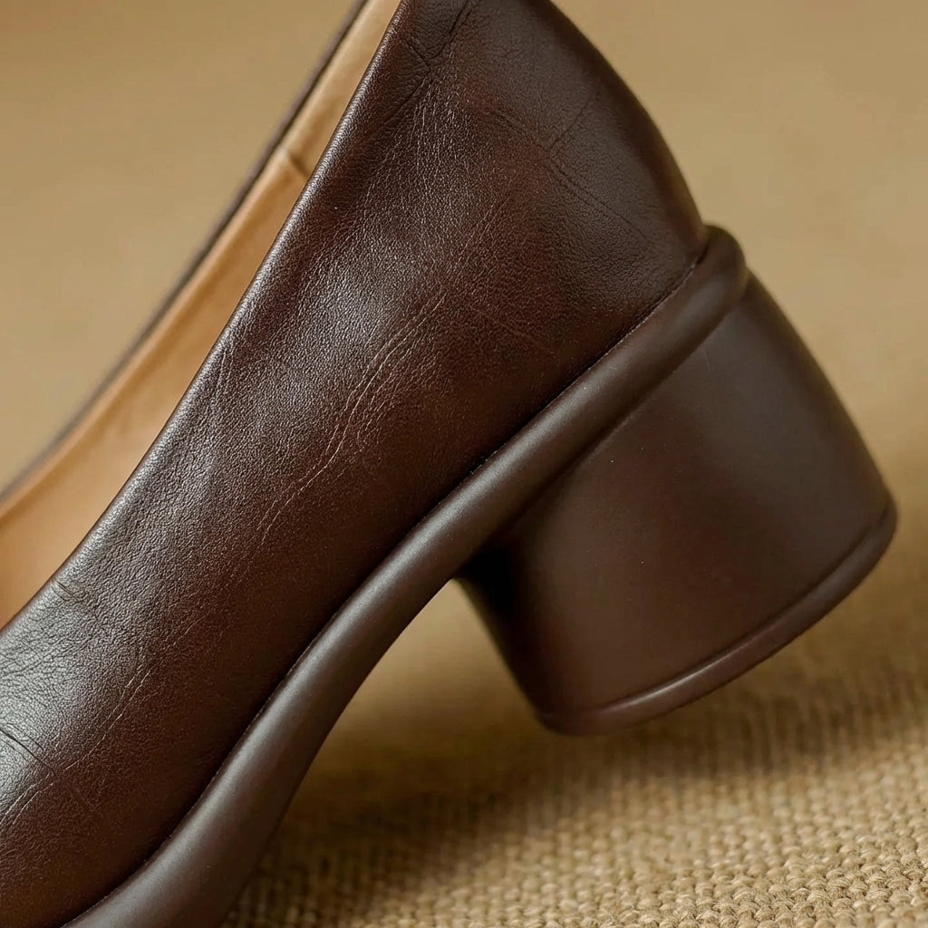 Round Toe Slip On Chunky Block Heel Pumps