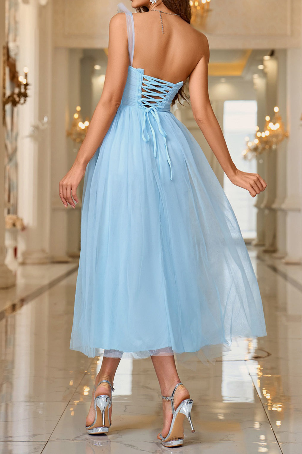 Corset Bustier One Shoulder Sweetheart Tulle Tiered Ruffle Cocktail Midi Dress