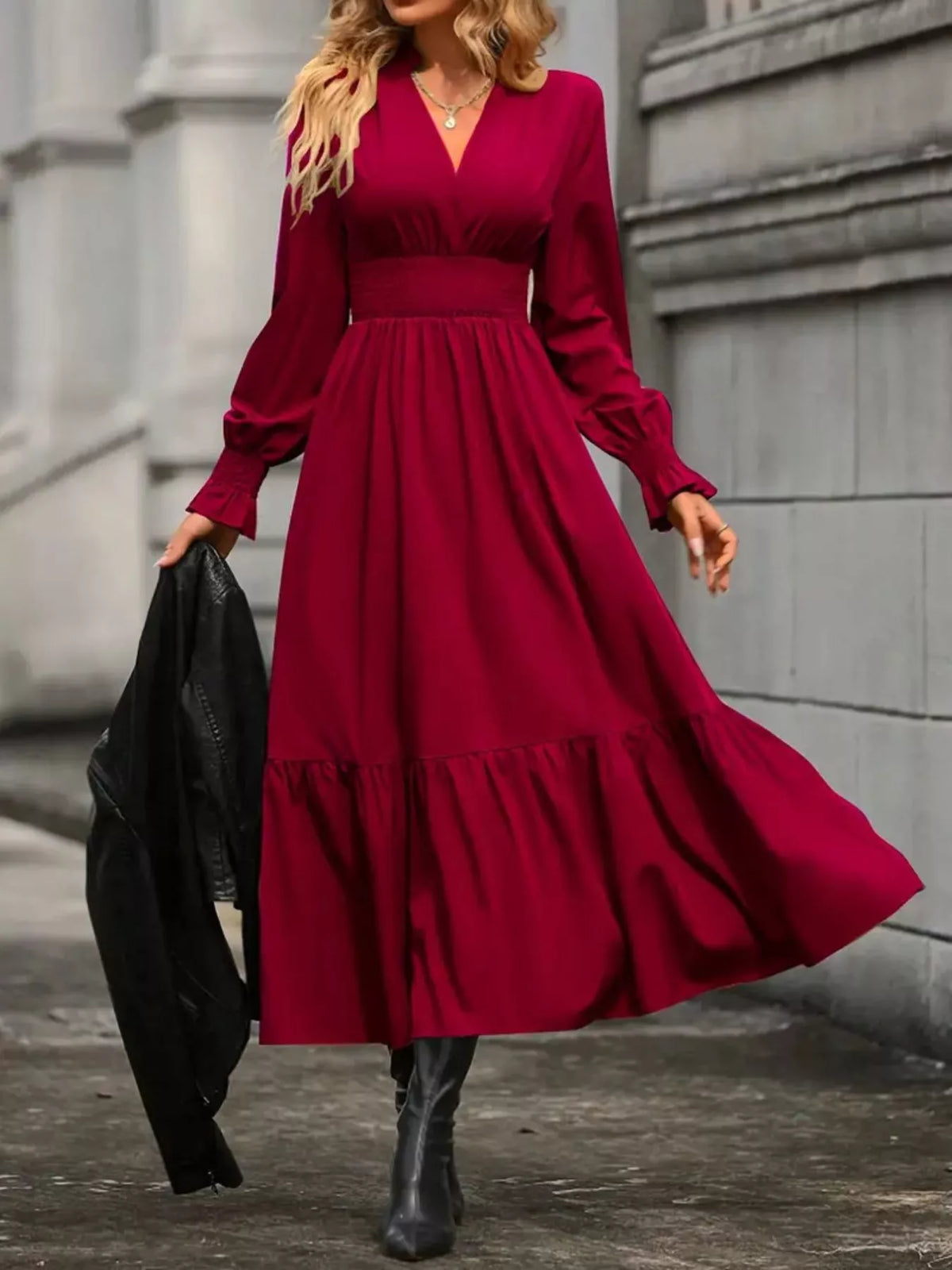 Surplice V-Neck Smocked Waist Balloon Sleeve Tiered Midi Dress