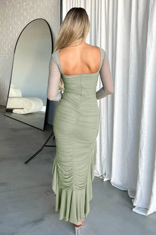 Mesh Ruffled Ruched Backless Midi Dress 3