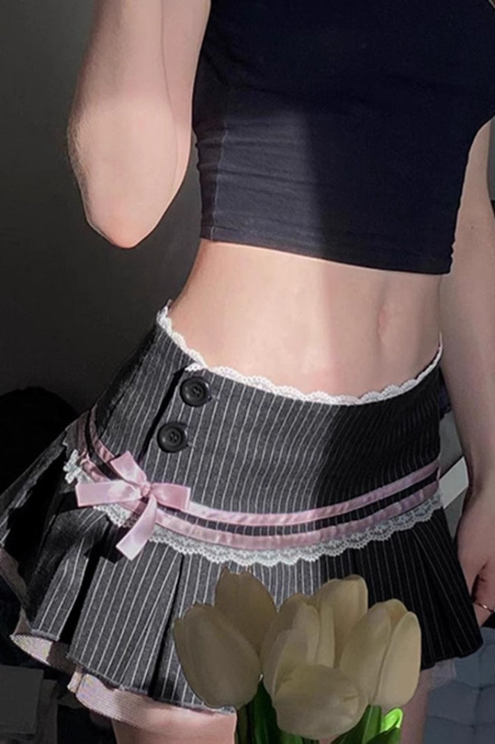 Pinstripe Pleated Lace Trim Bow Low Rise Mini Skirt 2