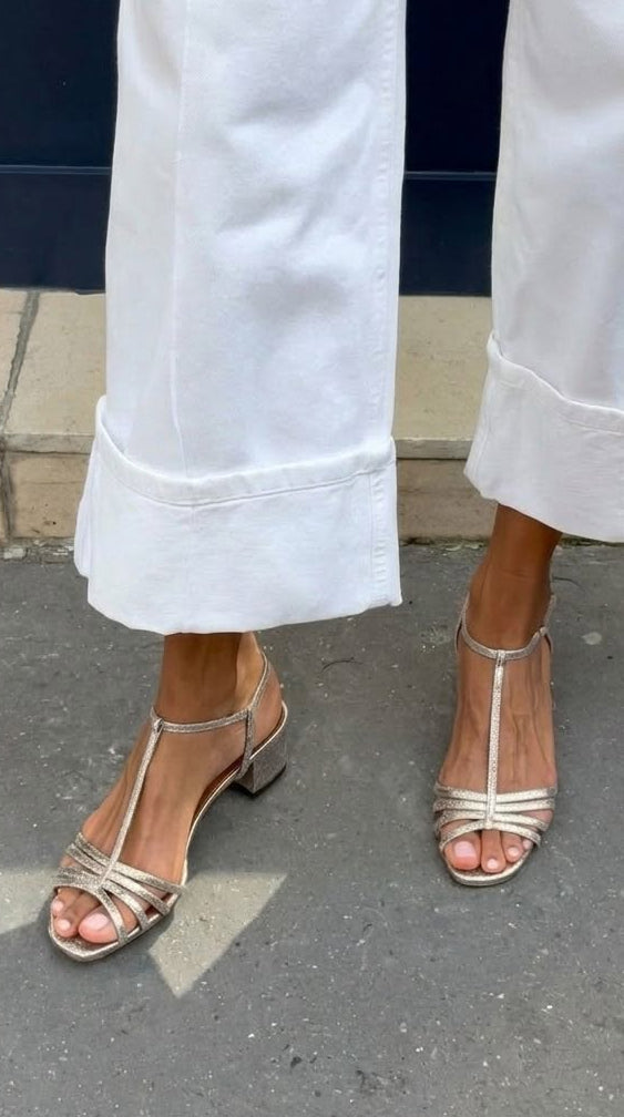 T-Strap Metallic Low Block Heel Sandals