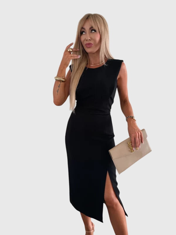 Round Neck Sleeveless Shoulder Pad High Split Bodycon Midi Dress