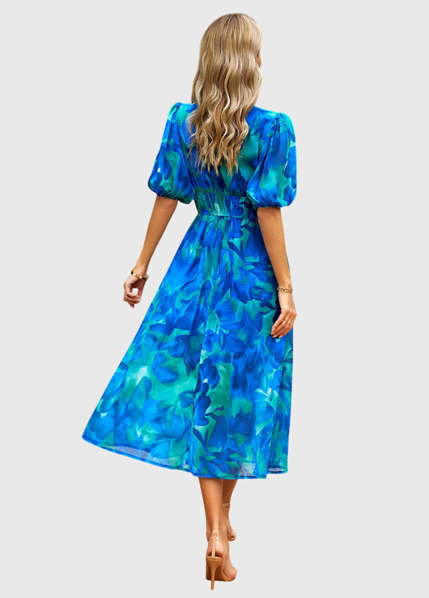 Floral Chiffon Deep V-Neck Puff Sleeve Smocked Maxi Dress 7