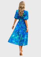 Floral Chiffon Deep V-Neck Puff Sleeve Smocked Maxi Dress 7