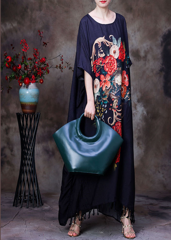 Vertical Floral Embroidery Batwing Sleeve Round Neck Tassel Hem Caftan Maxi Dress