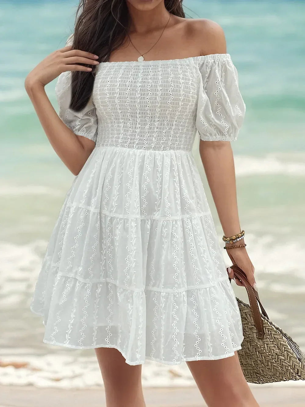 Eyelet Off Shoulder Puff Sleeve Smocked Bodice Tiered Mini Dress 4