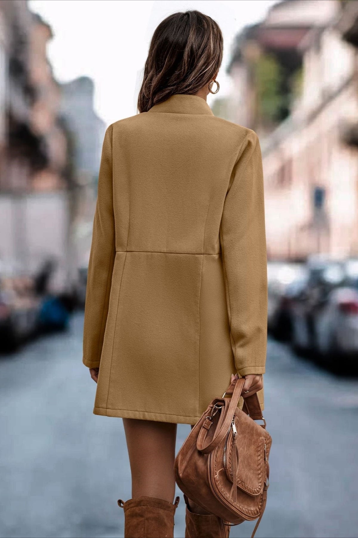 Collarless Open Front Long Sleeve Seamed Mid Length Coat 25