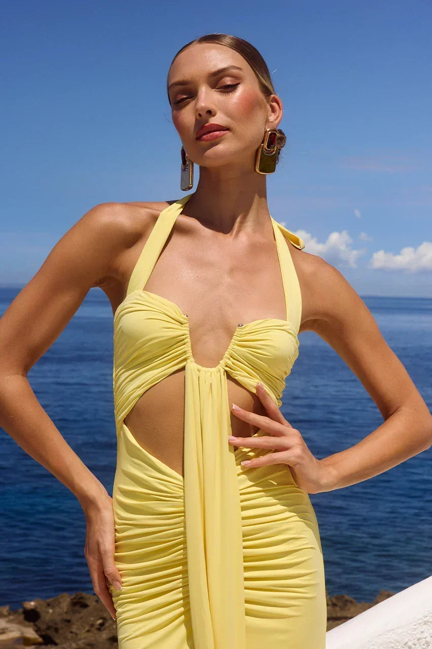 Halter Neck Cut Out Ruched Tie Front Maxi Dress 5