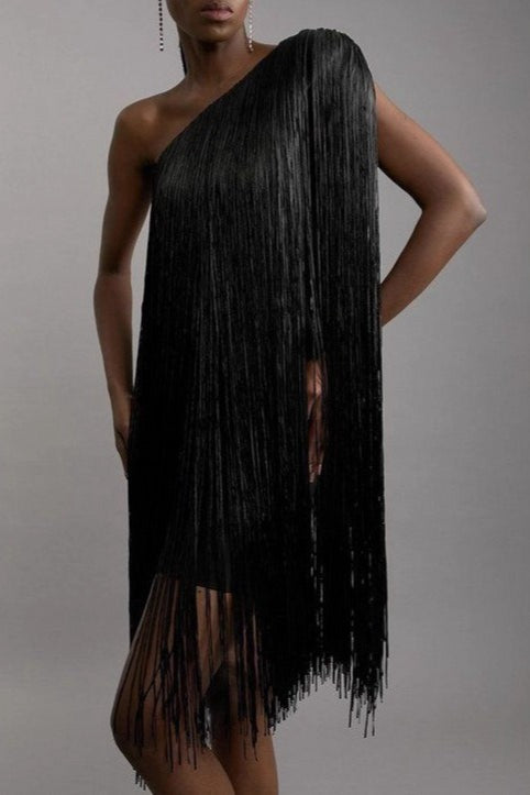 One Shoulder Fringe Overlay Bodycon Mini Cocktail Dress