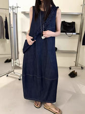 Denim Sleeveless Ruffle Trim A-Line Maxi Dress 17