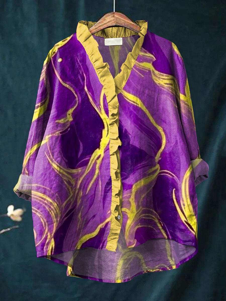 Abstract Print V-Neck Ruffle Front 3/4 Sleeve Blouse