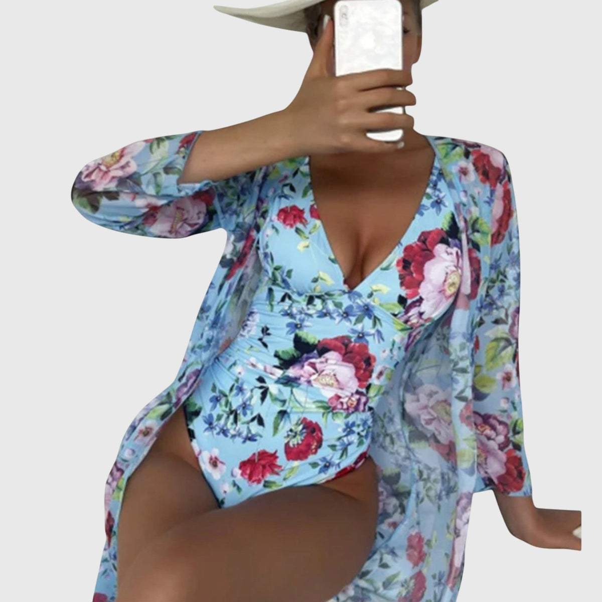 Floral Deep V-Neck One Piece Swimsuit and Cover Up Set