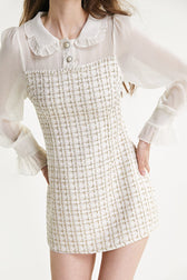 White Mesh Yoke Tweed Mini Dress - View 6
