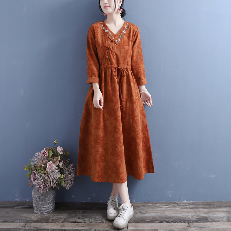 Jacquard Floral Embroidery Frog Button Wrap V-Neck Tie Waist Midi Dress