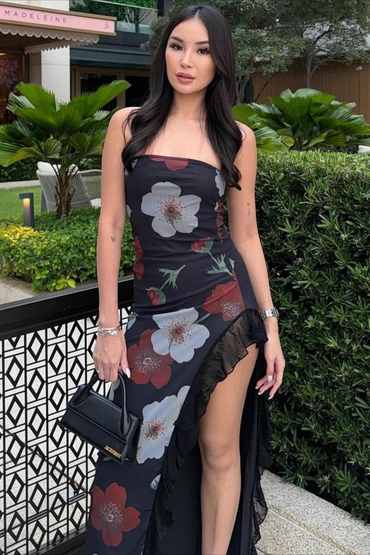 Off Shoulder Mesh Strapless Slit Slim Floral Dress