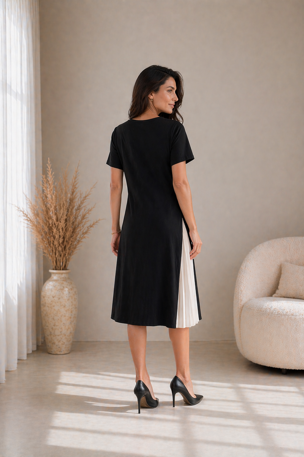 Crew Neck Short Sleeve Pleated Panel High Split Midi Dress