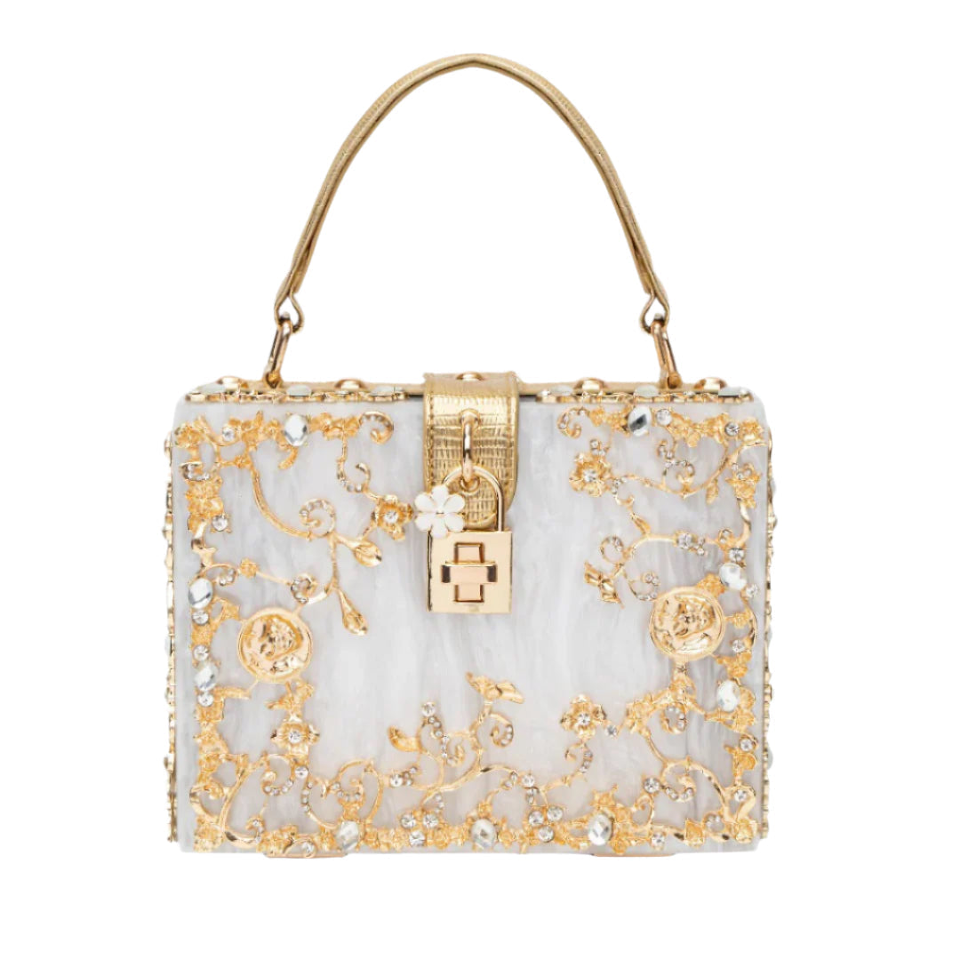 Crystal Embellished Top Handle Box Clutch