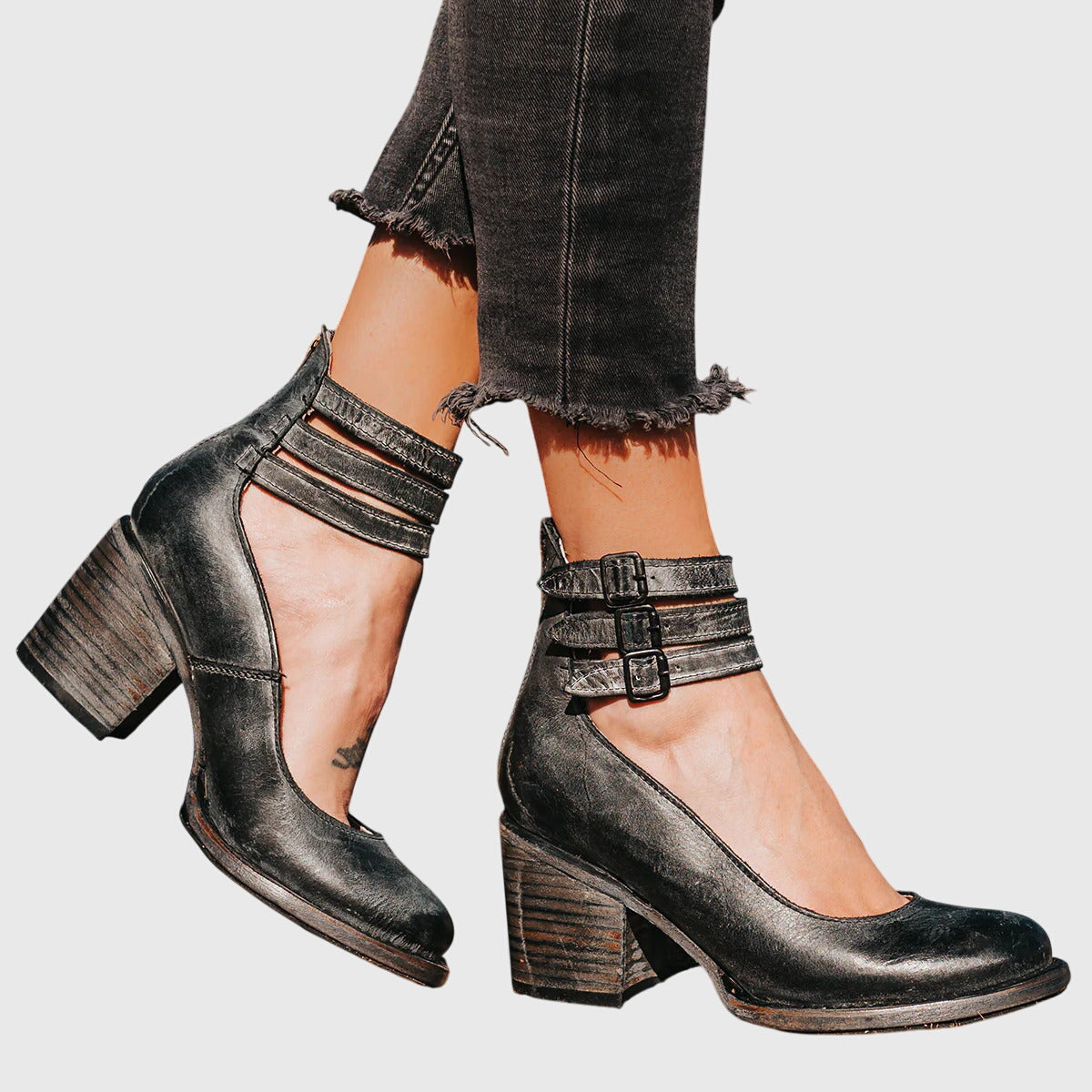 Leather Double Buckle Ankle Strap Block Heel Pumps