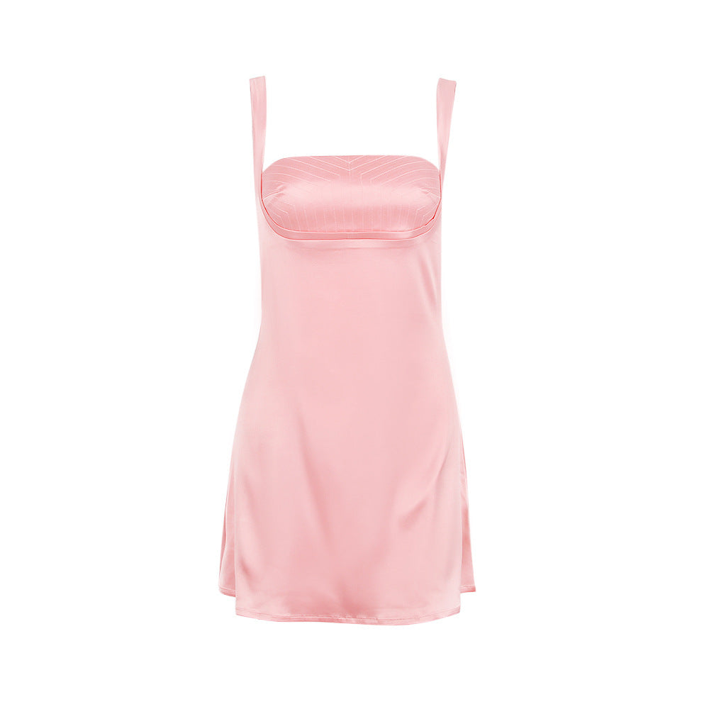 Satin Square Neck Wide Strap Pleated Bust A-Line Mini Dress 7