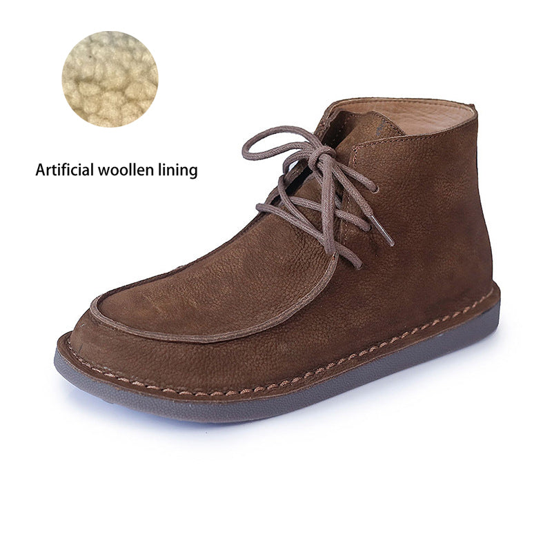 Genuine Leather Soft Flat Boots For Women Round Toe Lace Up Mori Girl Style Wide Fit Grey/Coffee
