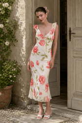 Open Back Pearl Bow Fitted Floral Dress