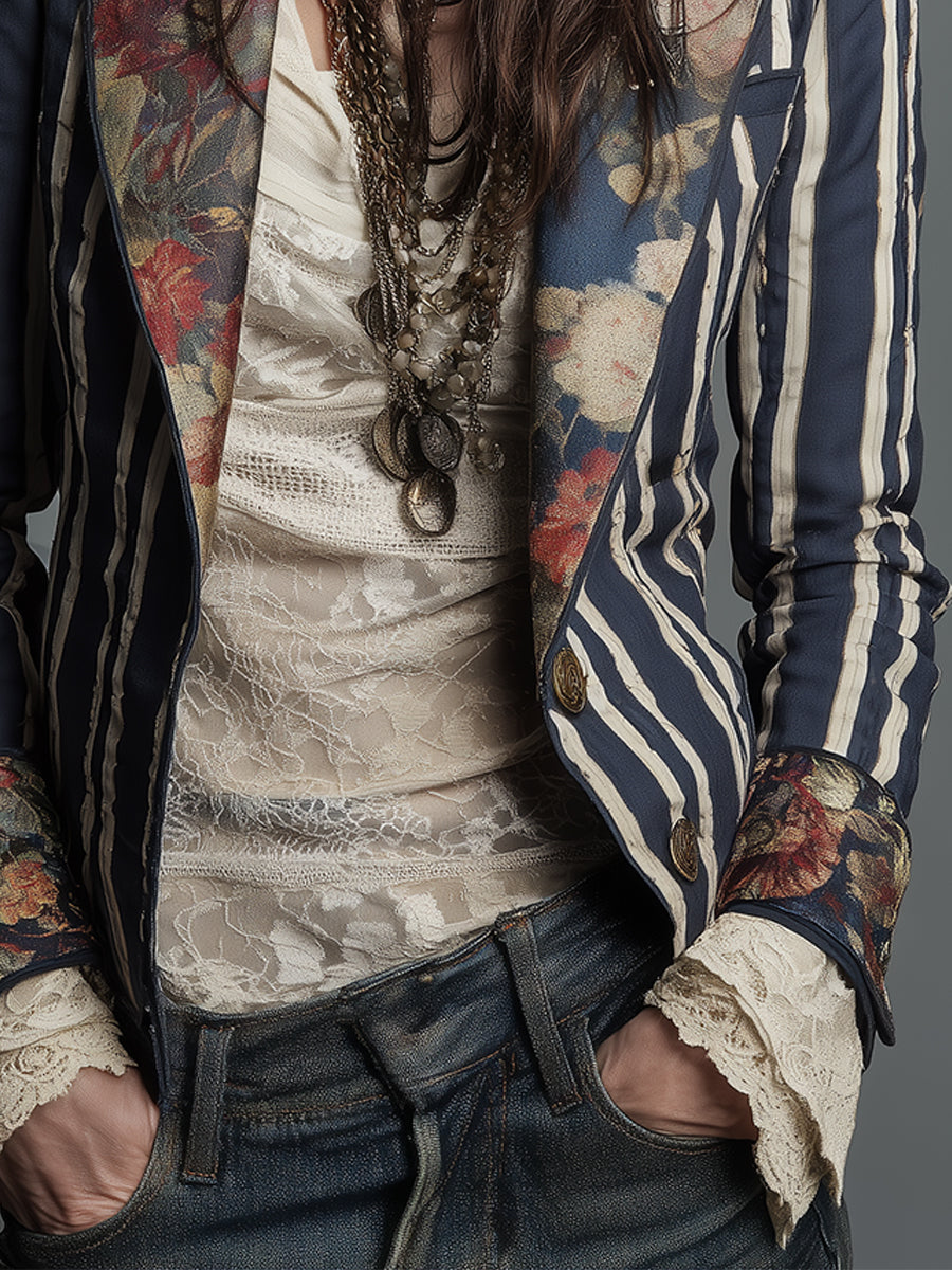 Striped Floral Panel Contrast Lapel Blazer