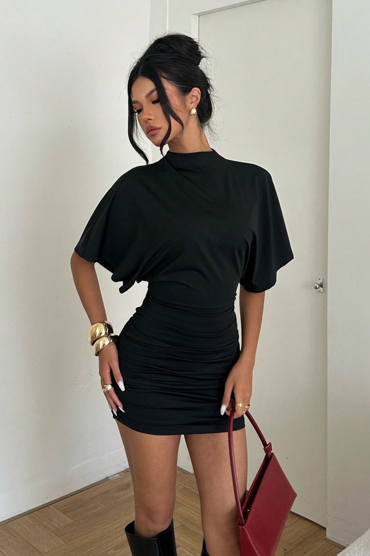 Backless High-Neck Ruched Bodycon Mini Dress