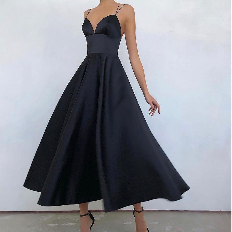 Satin Deep V-Neck Spaghetti Strap Fit and Flare Midi Dress 4