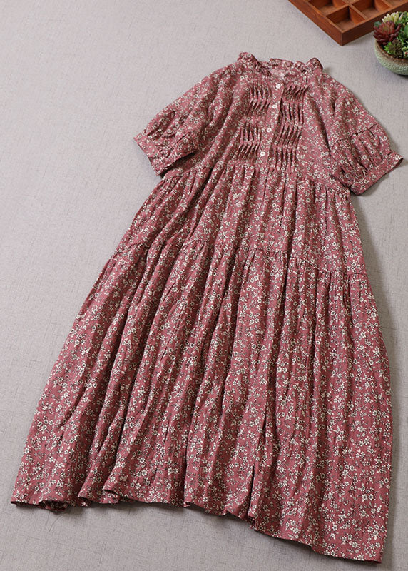 Floral Print Ruffle Neck Puff Sleeve Tiered Button Front Midi Dress