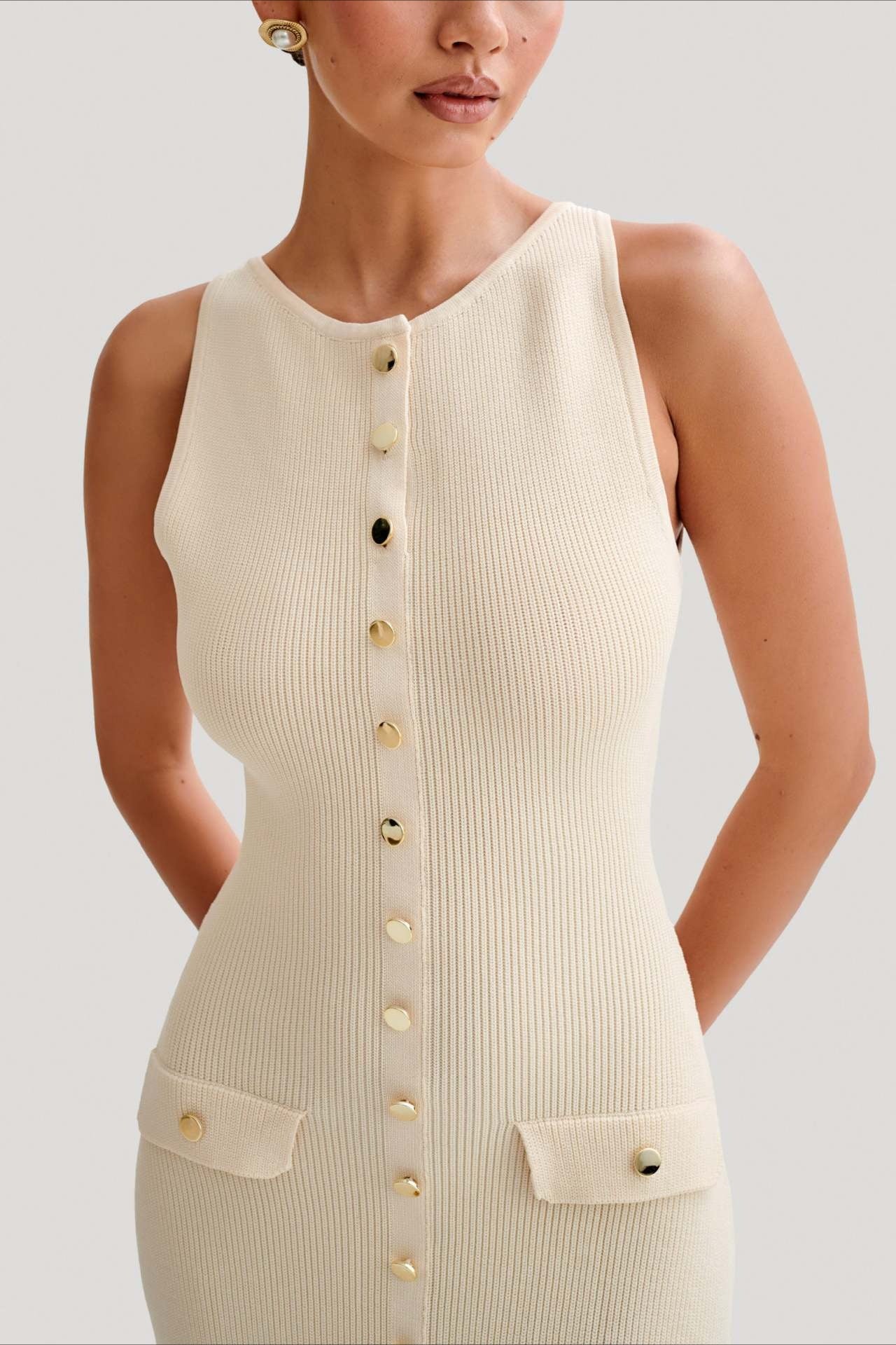 Buttoned Edition Crewneck Sleeveless Knit Bodycon Maxi Sweater Dress