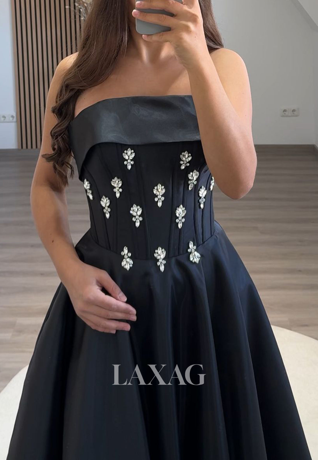 Tube Top Off-Shoulder Sleeveless A-Line Prom Dress Beaded Pleated Satin Midi Evening Gowns