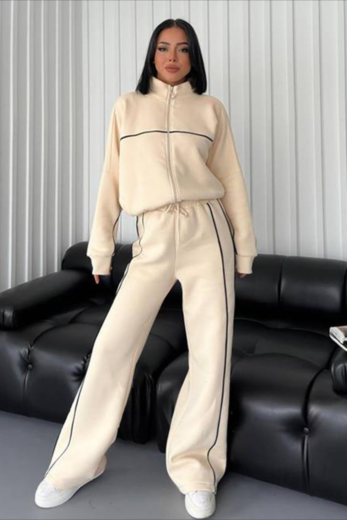 Stand Collar Contrast Piping Zip Jacket and Drawstring Wide Leg Pants Two Piece Set 2