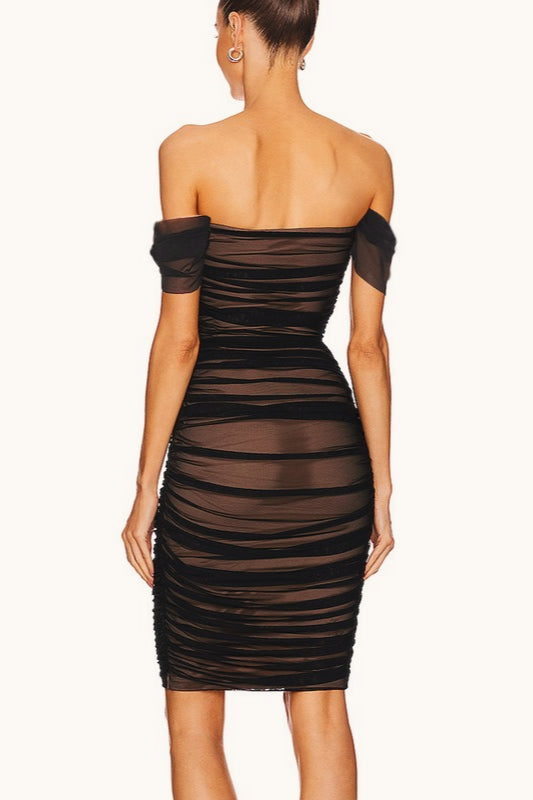 Ruched Mesh Off Shoulder Sweetheart Twist Bust Bodycon Midi Cocktail Dress 3