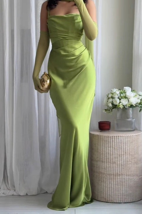 Satin Square Neck Ruched Slim Fit Maxi Prom Dress