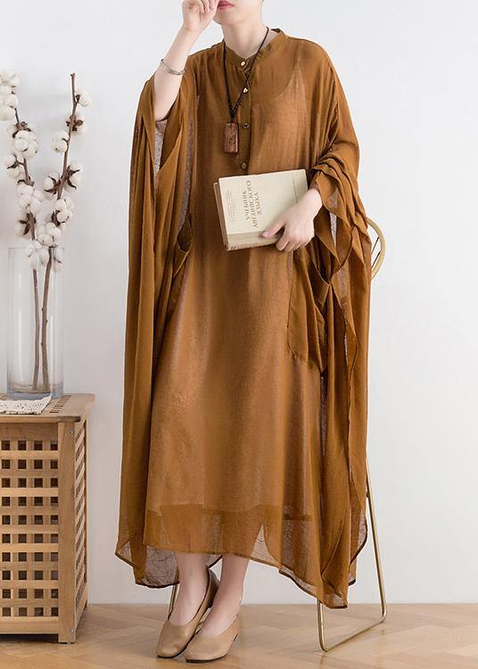 Batwing Sleeve Band Collar Button Front Patch Pocket Kaftan Maxi Dress