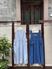Denim Sleeveless Drawstring Waist Pocket Midi Dress