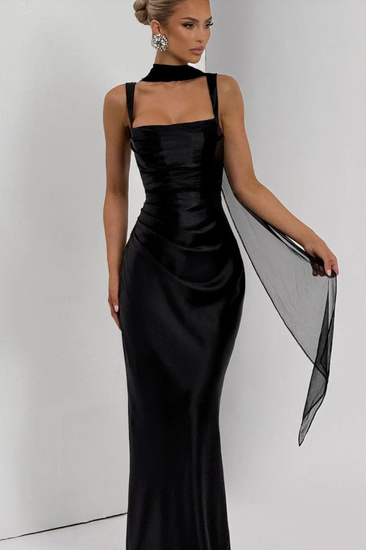 Satin Square Neck Ruched Slim Fit Maxi Prom Dress