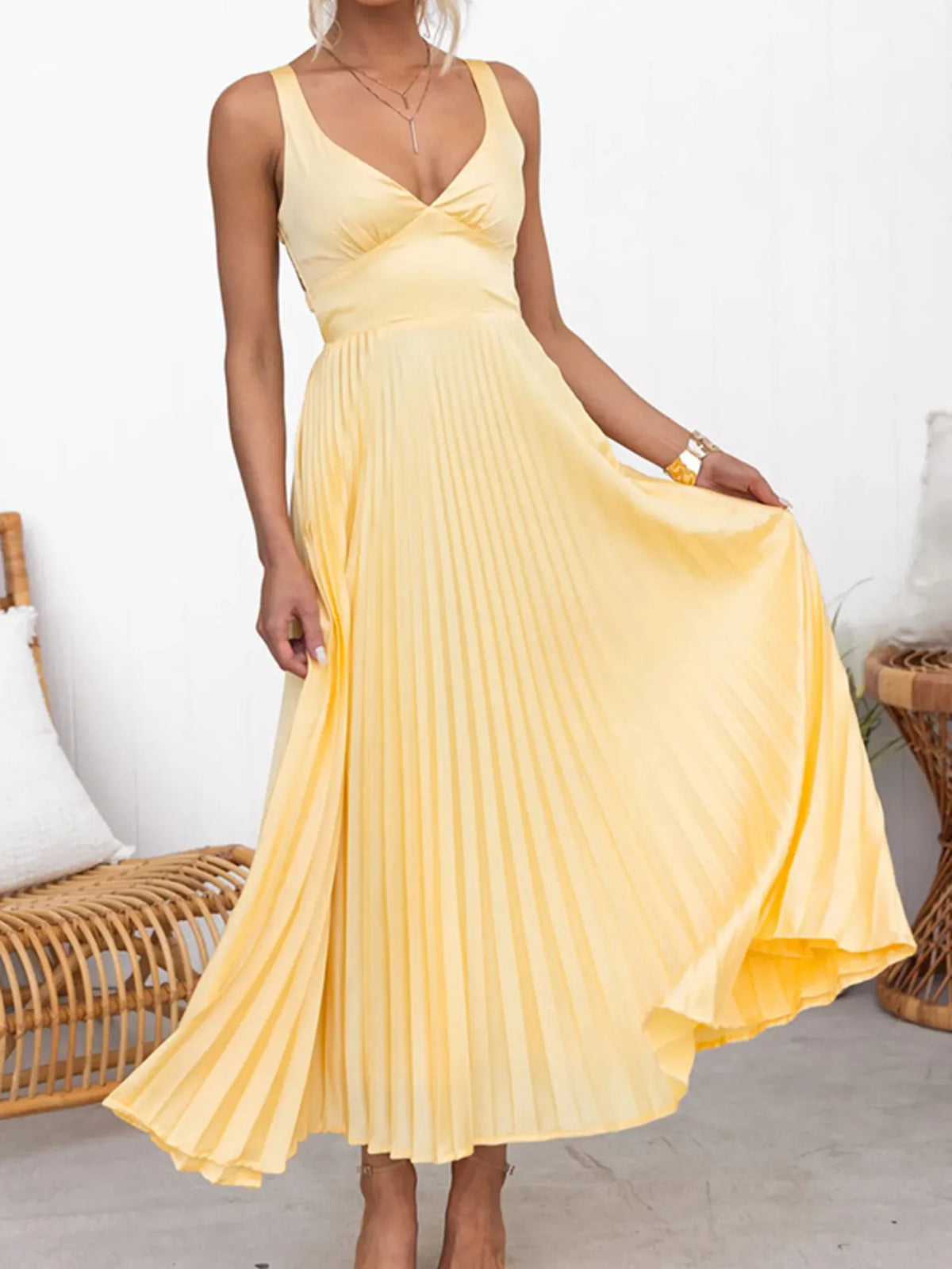 Satin V-Neck Sleeveless Empire Waist Pleated Maxi Dress