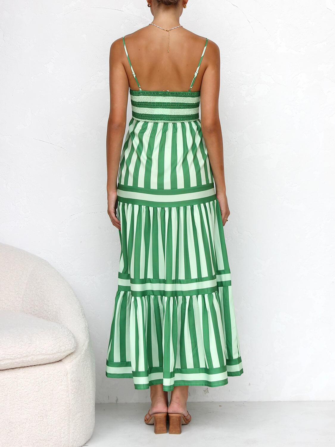 Striped Square Neck Spaghetti Strap Tiered Pocket Maxi Dress 3
