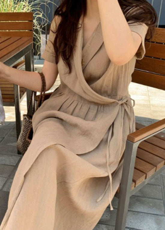 Wrap Front Notched Collar Short Sleeve Pocket Maxi Wrap Dress