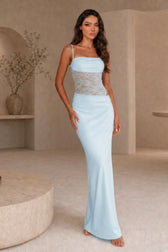 Off-Shoulder Lace Cami Slit Sheer Maxi Lace Dress