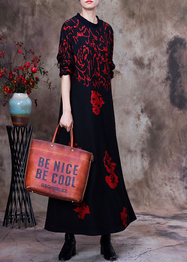 Abstract Calligraphy Print Mock Neck Long Sleeve Crinkled Texture Oversized Maxi Dress