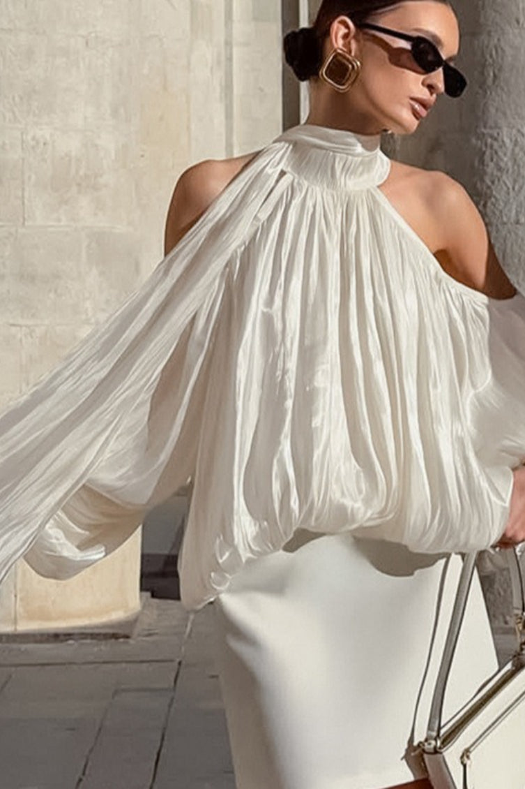 Metallic Halter Tie Neck Long Sleeve Top