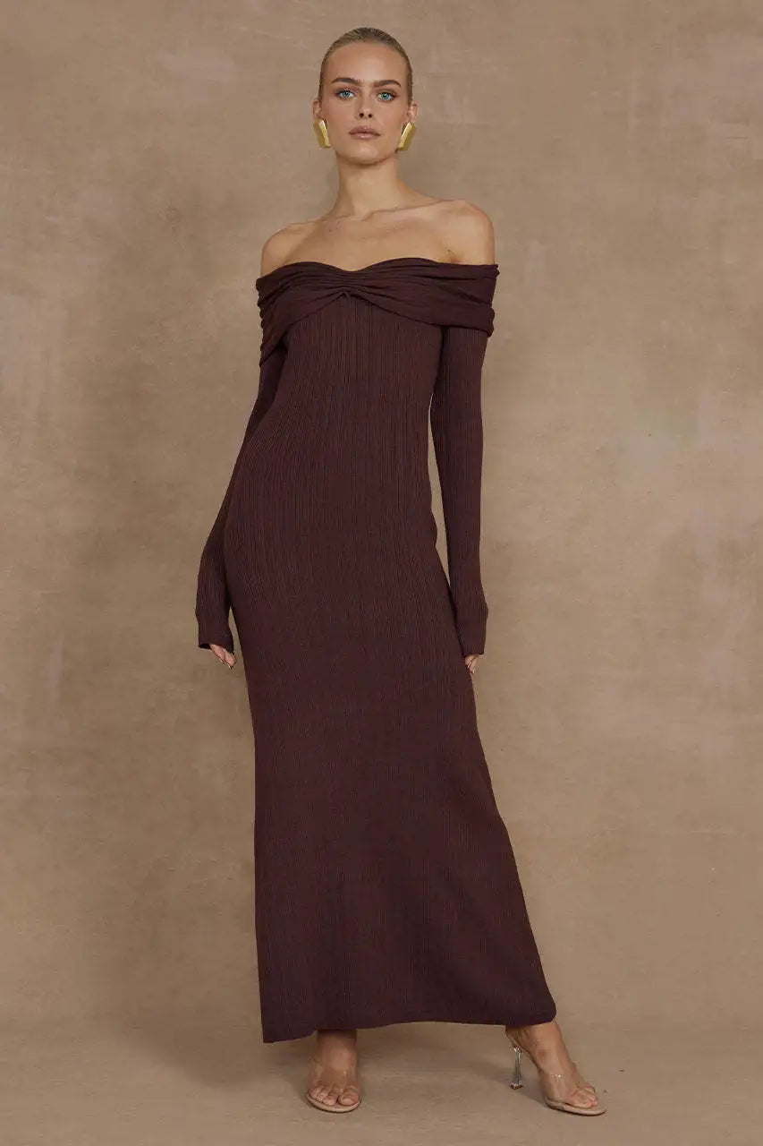 Off Shoulder Long Sleeve Ribbed Knit Twist Front Maxi Dress