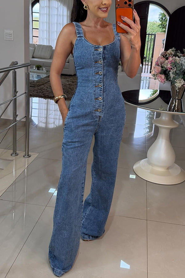Square Neck Button Front Wide Leg Denim Jumpsuit
