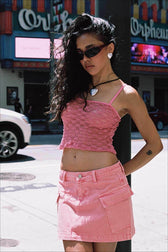 Low-Rise Pleated Denim Mini Skort